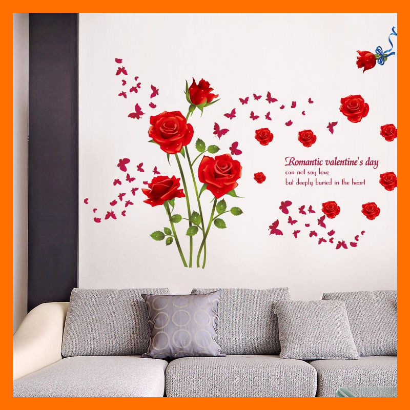 Decal dán tường hoa hồng tình yêu trang trí phòng khách phòng ngủ SK 9195A