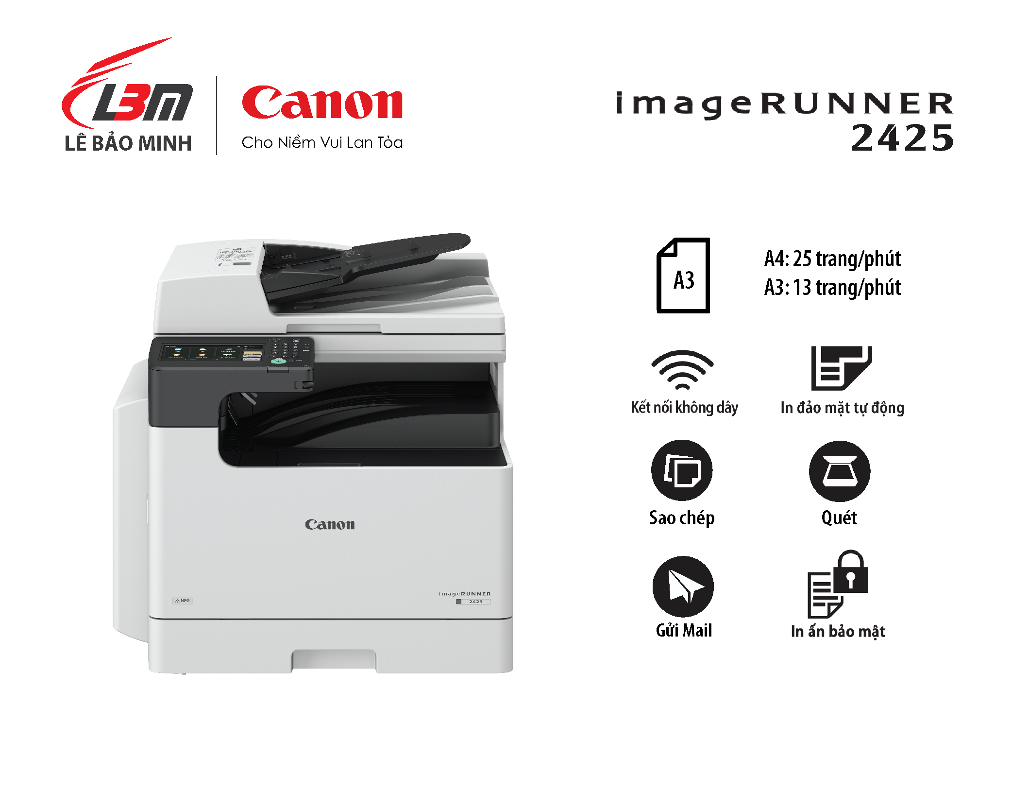 [GIFT- Đồng Hồ] Máy Photocopy A3 Canon iR2425 (khay DADF AZ1, mực NPG-59, Wifi) Chính Hãng Lê Bảo Minh