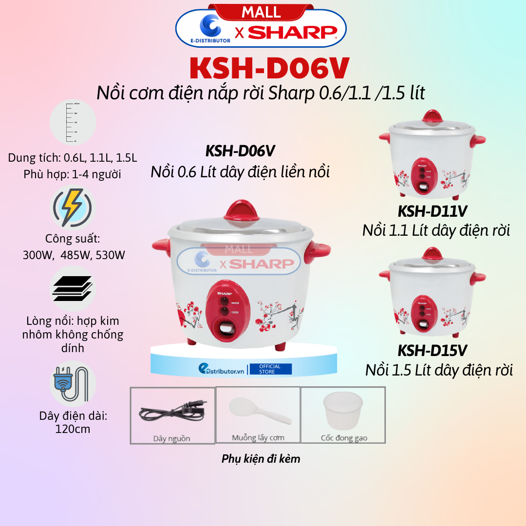 Nồi cơm điện nắp rời sharp ksh-d06v 0.6 lít - ksh-d11v / 1.1 lít - ksh-d15v 1.5 lít - hàng chính hãng - bảo hành 12 tháng