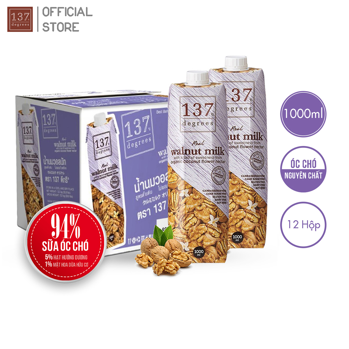 Thùng Sữa Hạt ÓC CHÓ Nguyên Chất 137 Degrees Thái Lan  - 12 Hộp 1000ml