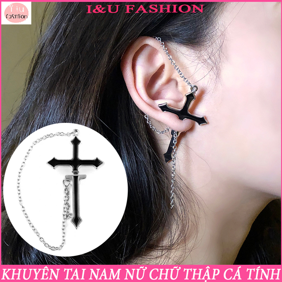 [1 Chiếc] Khuyên tai Nam Nữ hình chữ thập kèm dây xích cá tính với thiết kế độc đáo mang phong cách hip hop trẻ trung và ấn tượng KT-89