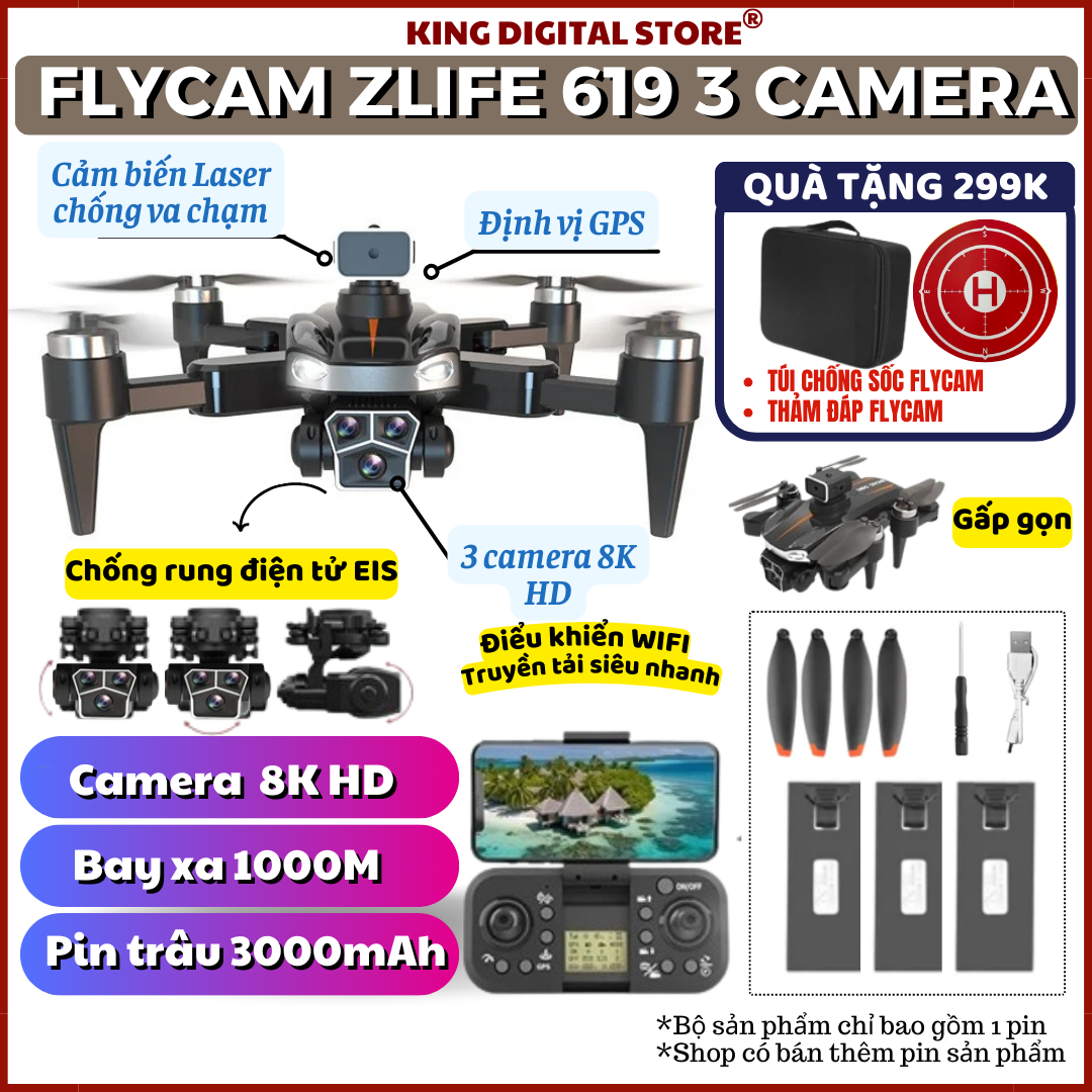 Máy Bay Điều Khiển Từ Xa Zlife 610/ Z619 - Flycam Định Vị GPS 3 Camera Kép Siêu Nét Cảm Biến Tránh V