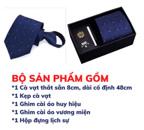 Bộ Cà vạt 4 món làm quà tặng gồm Cà vạt 8cm, kẹp cà vạt, 2 ghim cài áo Vest, Cà vạt thắt sẵn khóa kéo, cà vạt chú rể