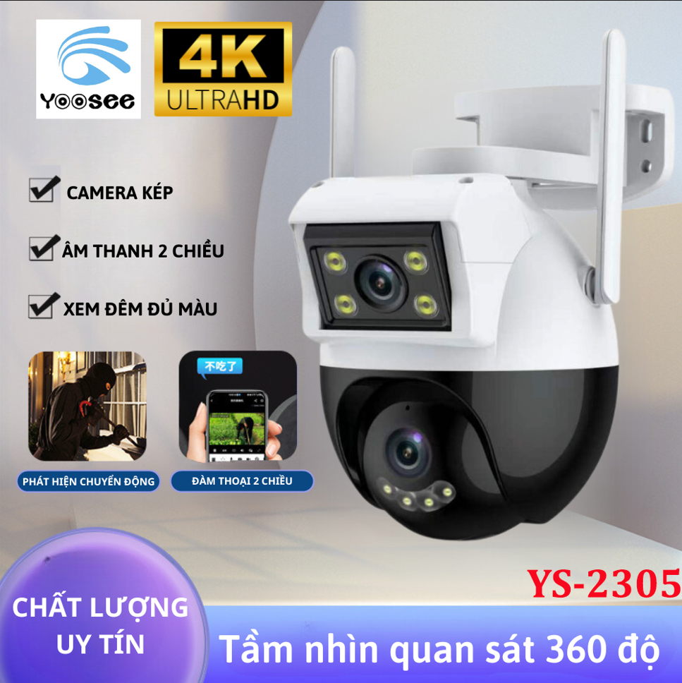 Camera Wifi Không Dây Yoosee Hai Mắt 8MP 4K Xoay 360 Độ, PULL HD 1080, Camera Yooosee Ngoài Trời Xem Hai Cam Cùng Lúc , Camera Hồng Ngoại, Quay Đêm Có Màu , Hình Ảnh Sắc Nét, Đàm Thoại Hai Chiều ,Chống Nước ,Phát Hiện Chuyển Động