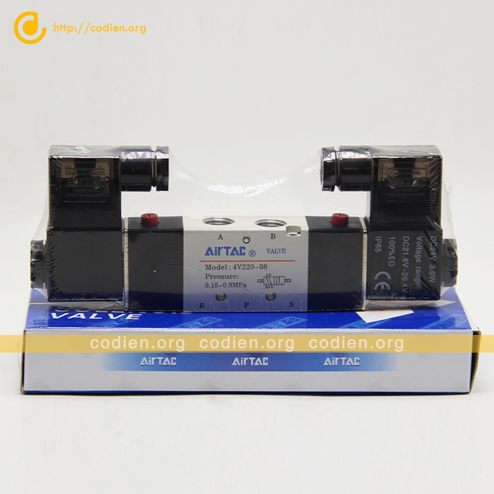 Van chia khí Van điện từ 4V220-08 cuộn hút 220V 24V Airtac