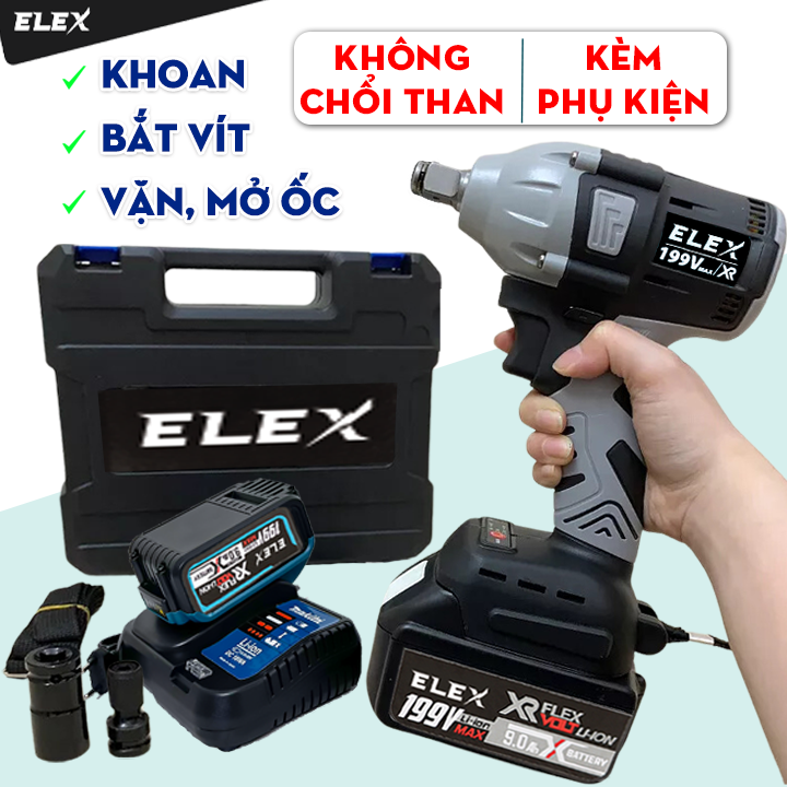 [ Không Chổi Than ] Máy Bắn Bulong Elex 199V - Tặng Kèm Đầu Khẩu +  Đầu Chuyển Vít - Máy Siết Bulong, Máy Bắn Vít , Máy siết bu lông cầm tay - khoan bê tông - máy bắn bulong