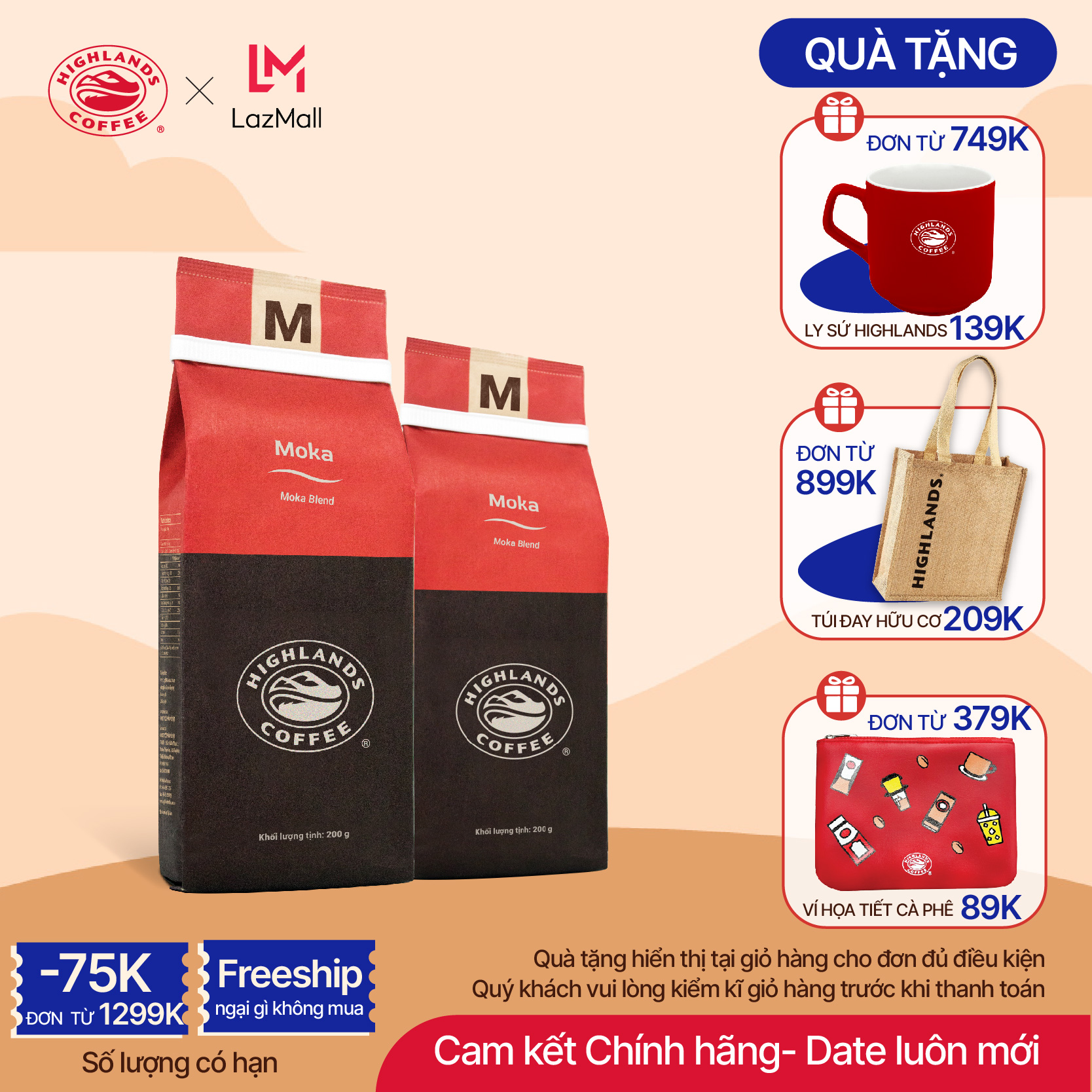 COMBO 2 gói Cà phê rang xay Moka Highlands Coffee 200g
