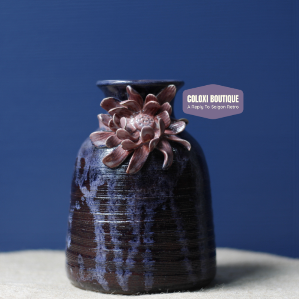 bình gốm thủ công mỹ thuật Cúc Feast - men tím đậm