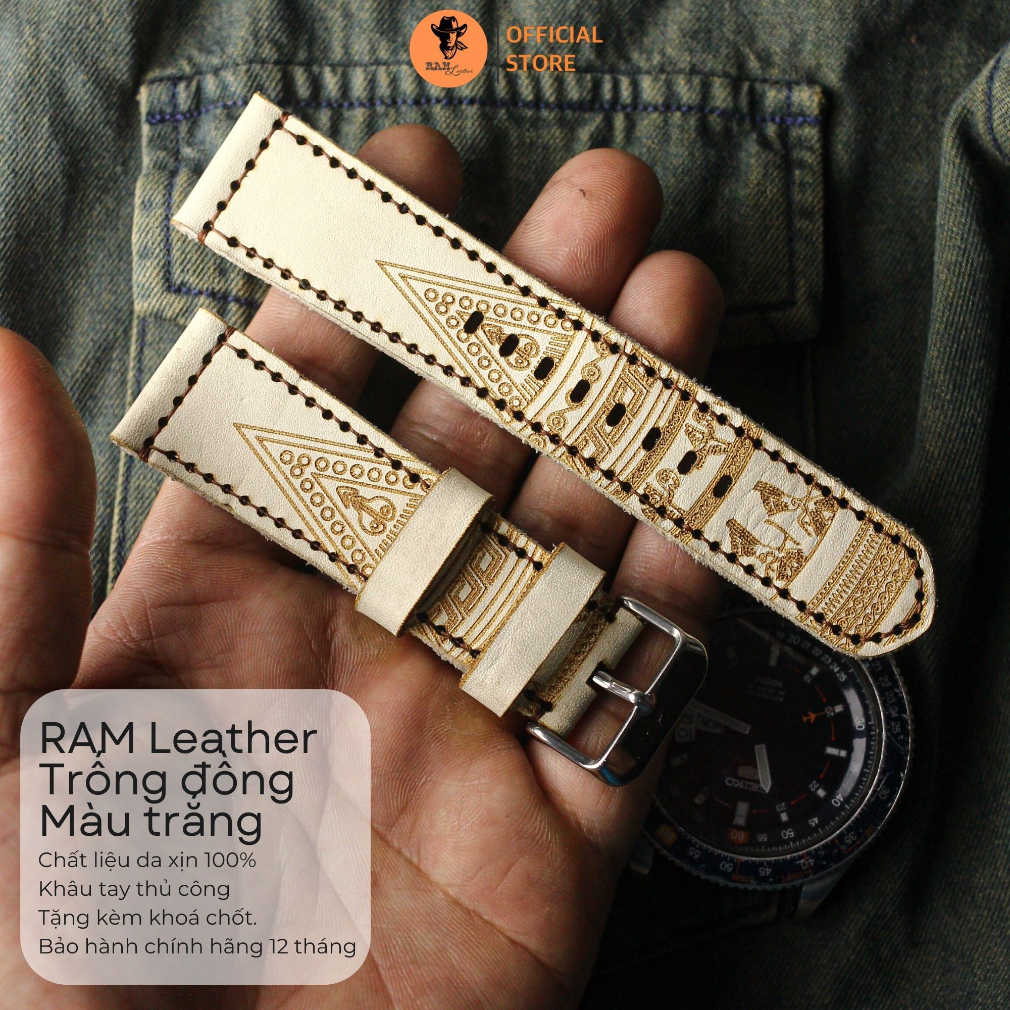 Dây da đồng hồ siêu bền trống đồng da bò vegtan 2022 màu trắng ram leather