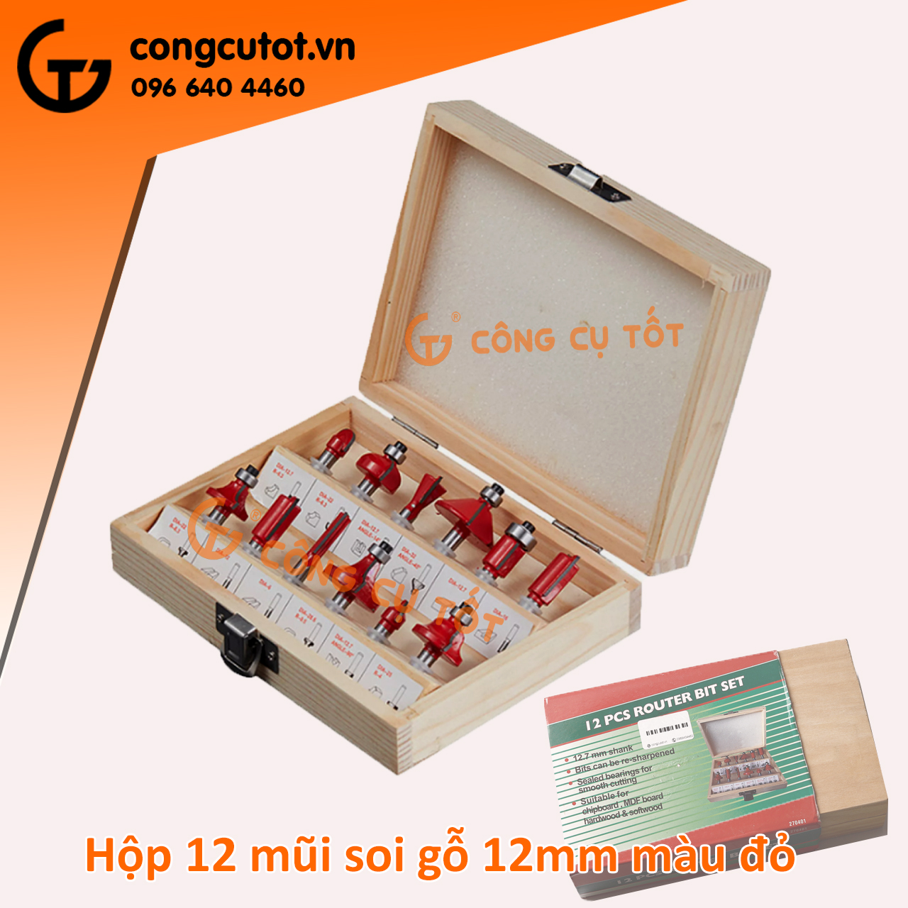 Bộ 12 mũi phay gỗ, mũi soi gỗ  trục 6.35mm, 12.7mm