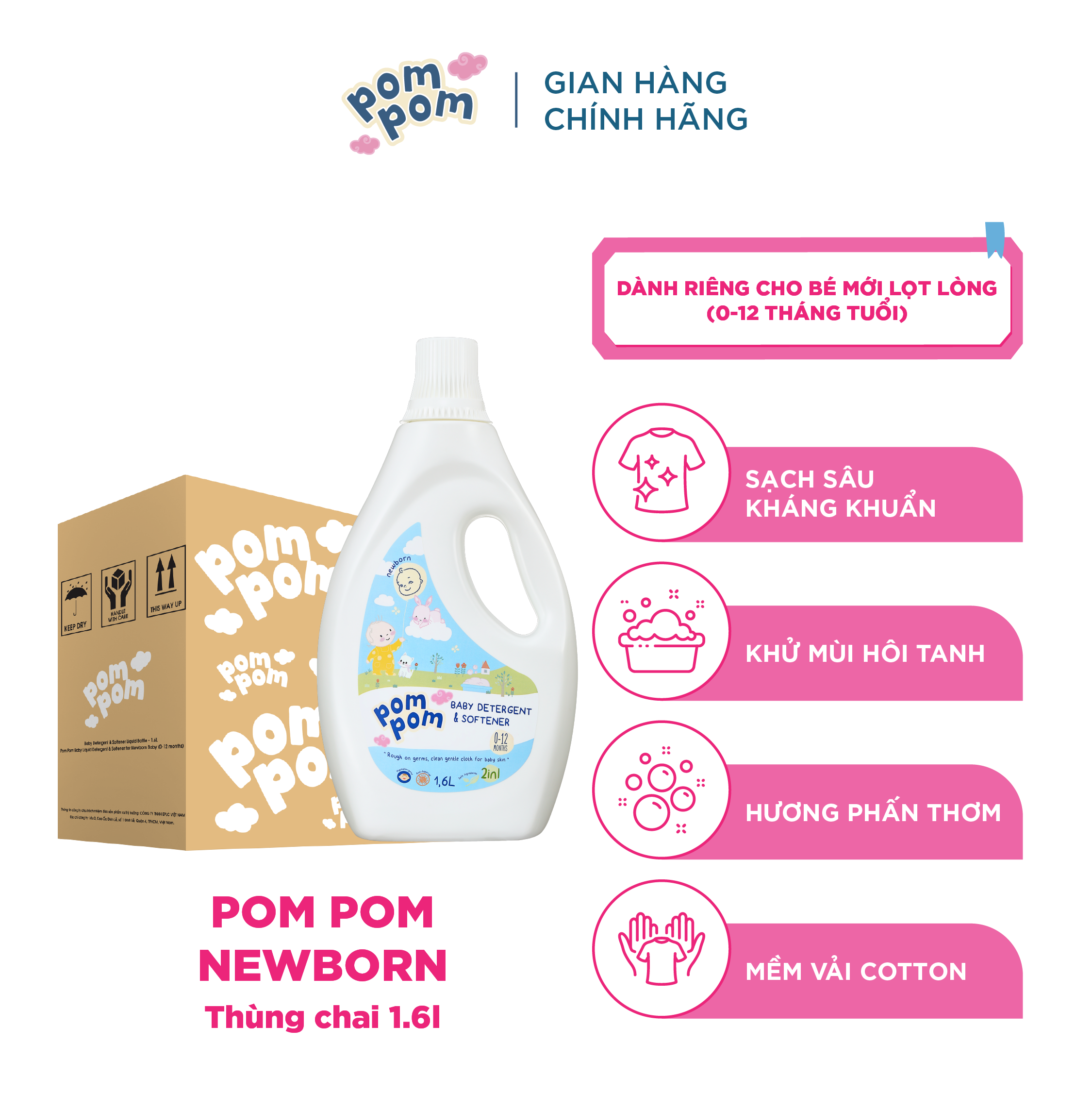 Nước Giặt Xả Cho Bé Sơ Sinh 0-12 Tháng Pom Pom Newborn Sạch Sâu Nôn Trớ cùng Hương Phấn Rôm Dịu Nhẹ [Thùng 4 Chai 1.6L]