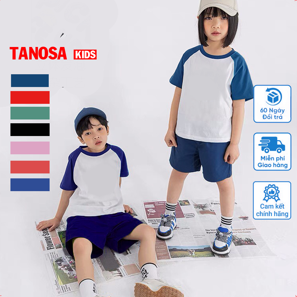 Bộ ngắn tay hè ráp lăng trơn cotton cho bé trai bé gái bộ quần áo trẻ em mặc ở nhà từ 9-20kg TANOSA