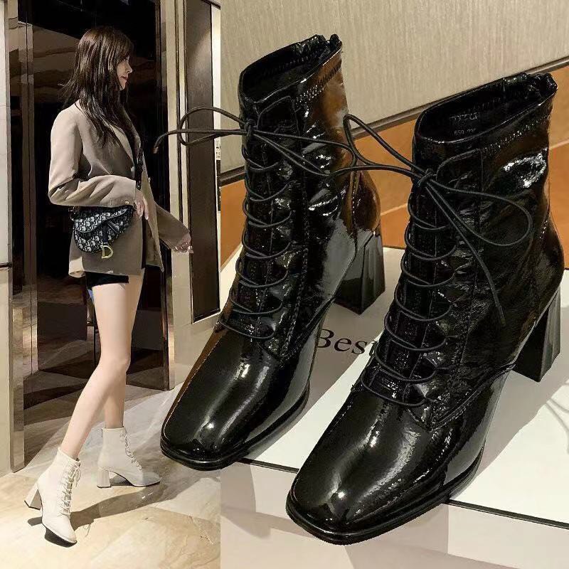 Giày bốt nữ mã 9061 cao cổ gót cao 7p chất liệu da bóng cao cấp dây buộc kéo khóa sau phong cách ulzzang hàn quốc 2023