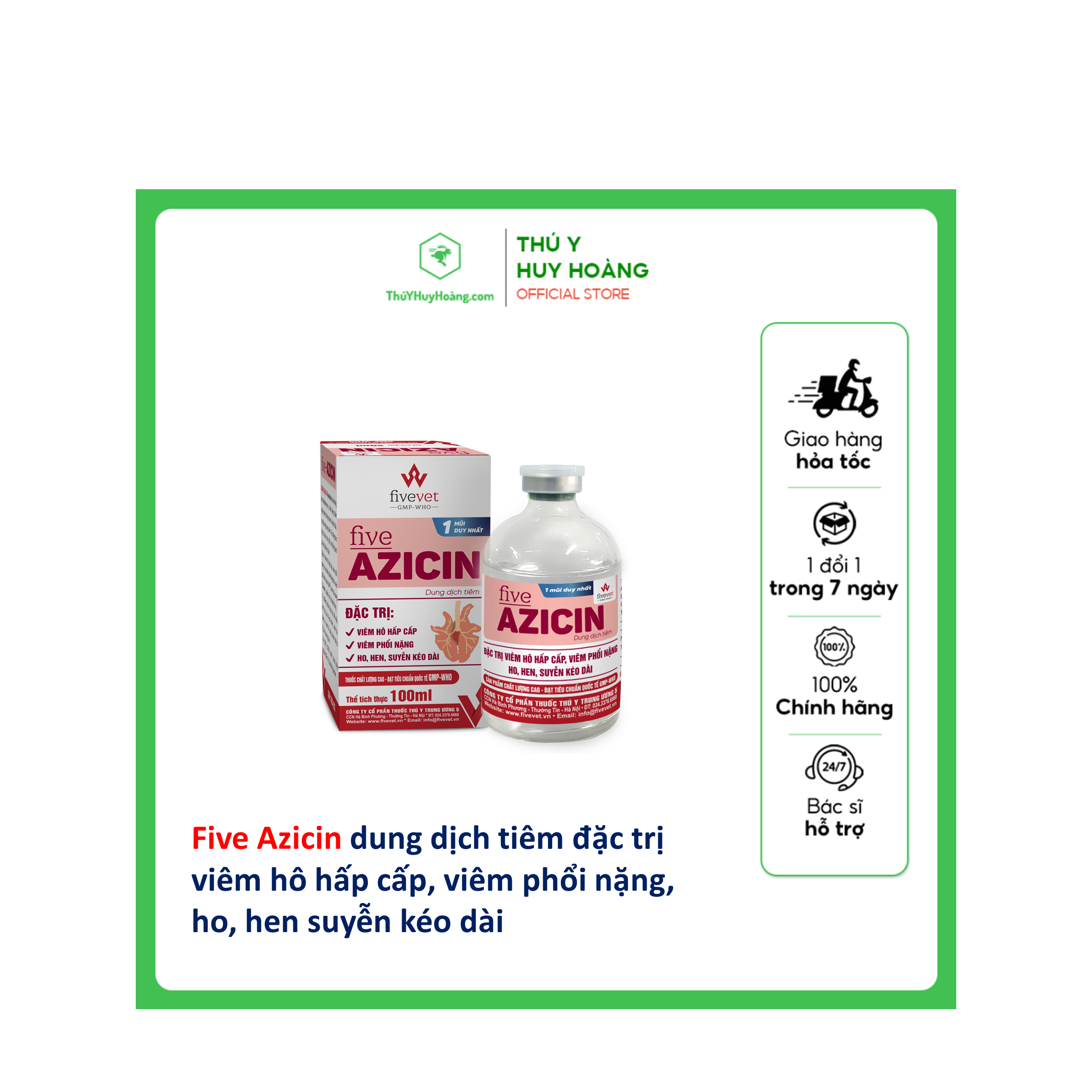 Five AZICIN 20ml viêm hô hấp cấp viêm phổi mạnh ho hen suyễn kéo dài Bệnh CRD CCRD ORT Viêm khớp truyền nhiễm E.Coli trên gia cầm