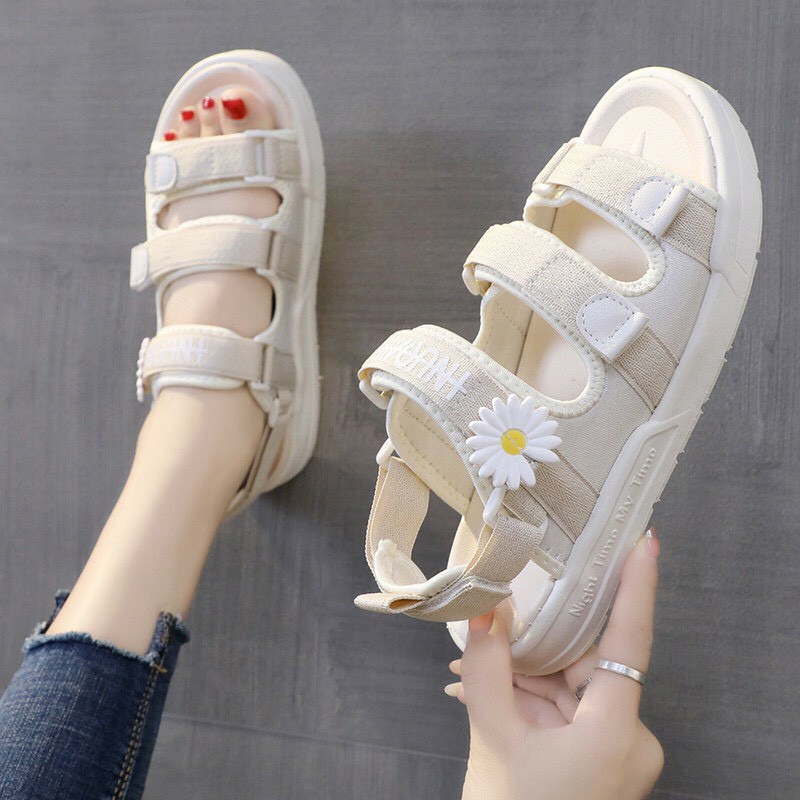 [HOT TREND 2020]  sandal  3 quay gắn hoa cúc chữ kẻ