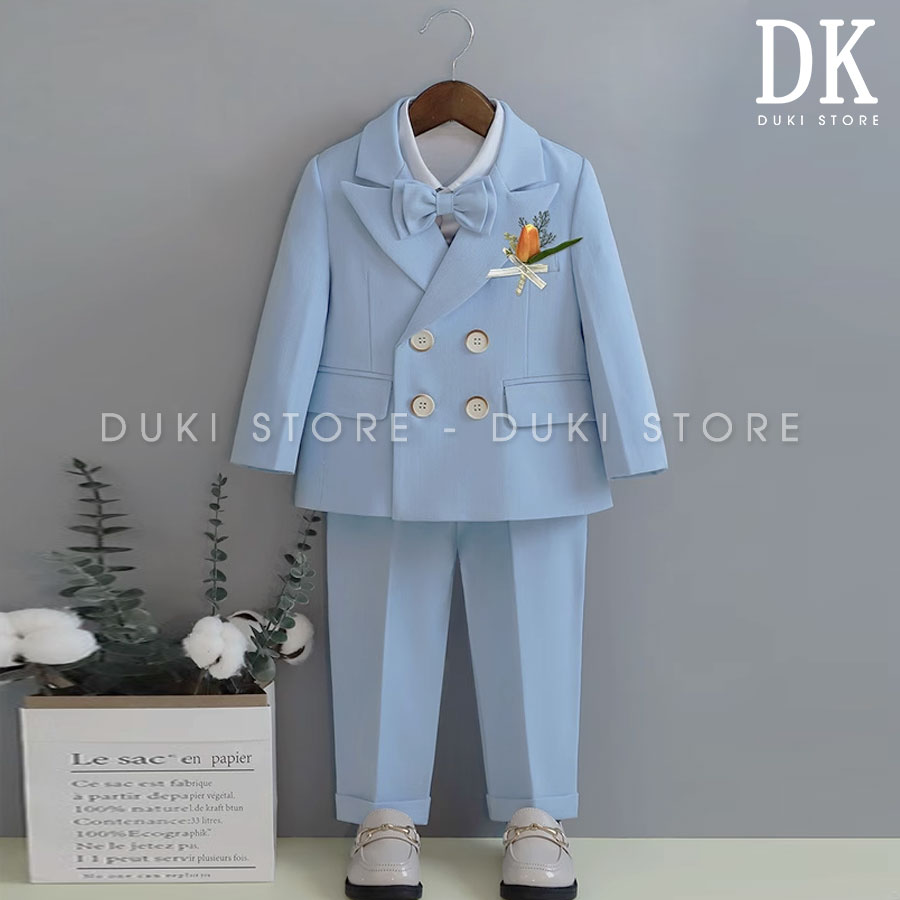 Bộ vest cho bé trai màu xanh dương nhạt 4 cúc đẹp dkt0030 - duki store