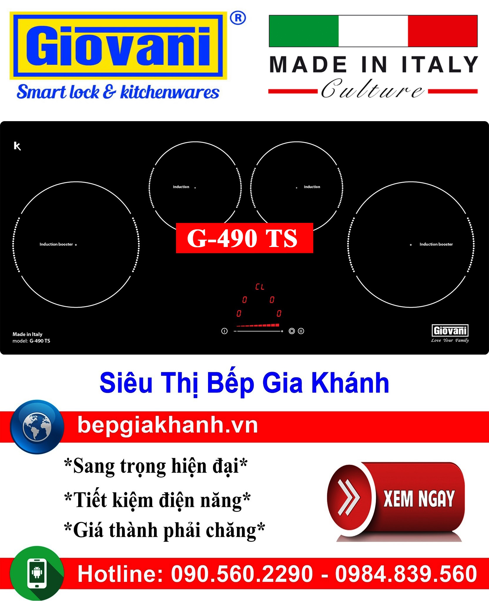 [HCM]Bếp từ 4 vùng nấu Giovani G-490 TS nhập khẩu Italy, bếp từ, bếp điện từ, bếp từ đôi, bếp điện từ đôi, bếp từ giá rẻ, bếp điện từ giá rẻ, bếp từ đơn, bep tu don, bep tu