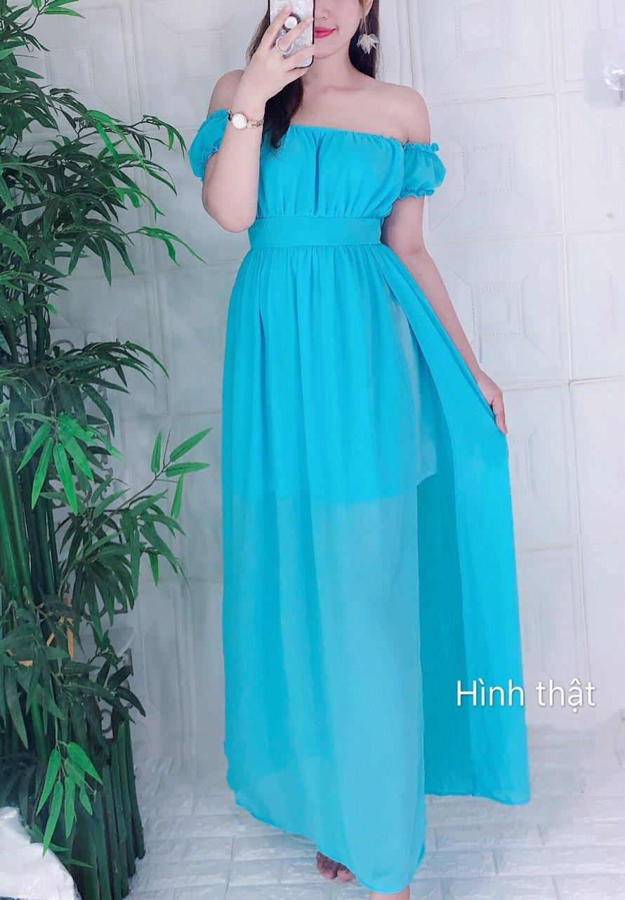 Đầm maxi voan tay rớt 2 lớp xẻ tà chất voan lụa xanh đỏ trắng
