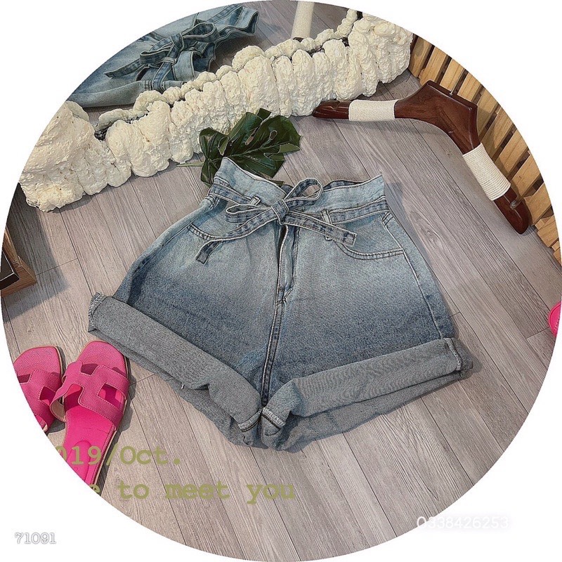 Quần short jeans nữ mẫu mới loang màu xanh lai cuộn lưng cao cột nơ - tami jeans siêu hot hit