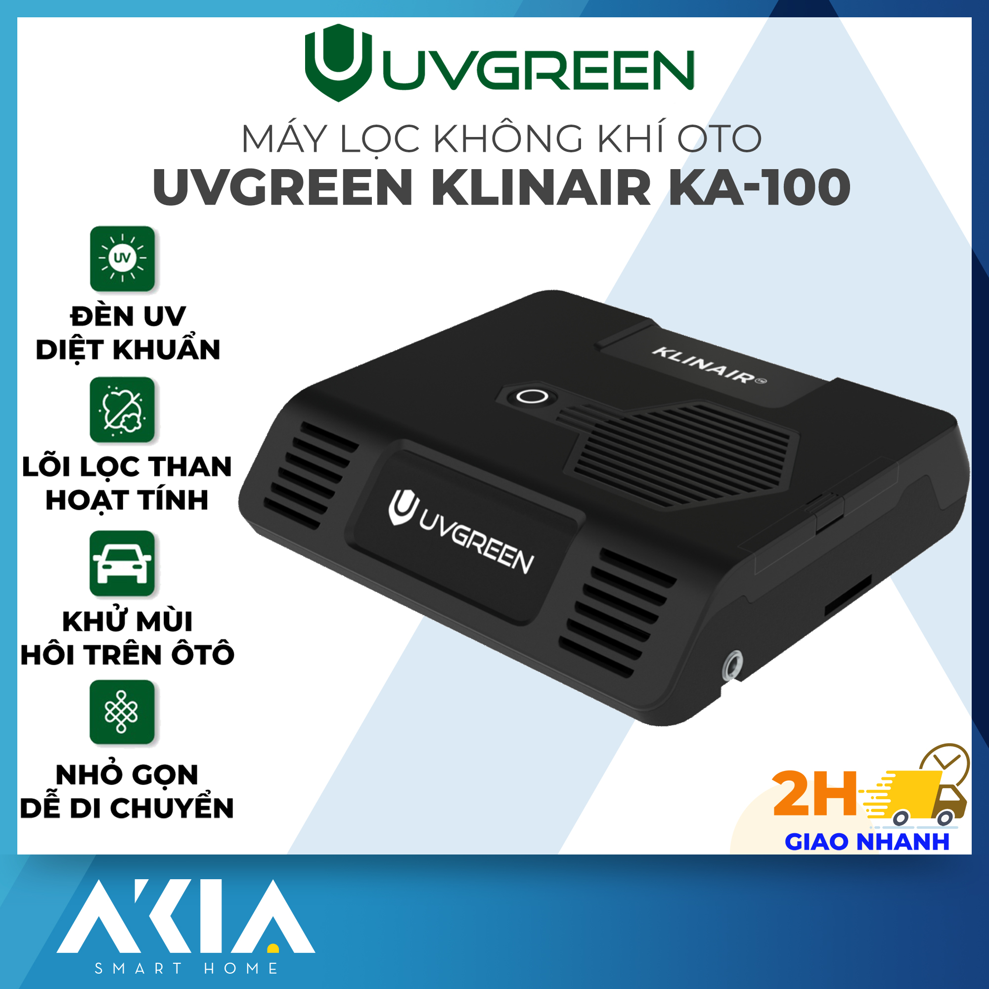 Máy Lọc Không Khí Diệt Khuẩn Ô Tô UVGREEN KA100 - Công Nghệ UVC LED, Than Hoạt Tính
