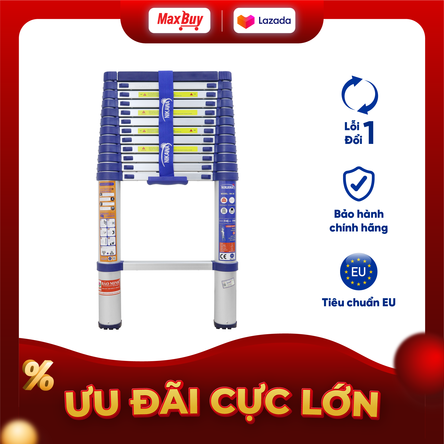 Thang nhôm rút đơn 11-14 bậc Nikawa Rút gọn Chắc chắn Chân chống trượt Chiều cao tối đa 3m2 - 4m8 Tải trọng 150kg Bảo hành 18 tháng Tặng kèm 1 đệm ốp cao su cao cấp