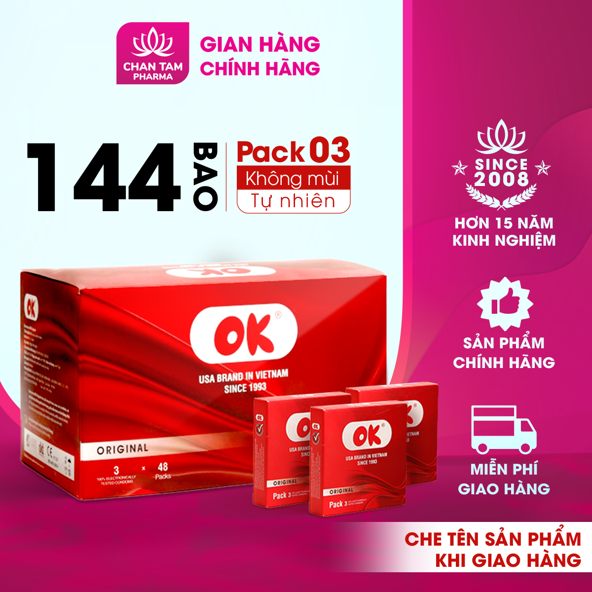 [CHE TÊN SẢN PHẨM] Bao cao su OK không mùi original – hộp 144 cái