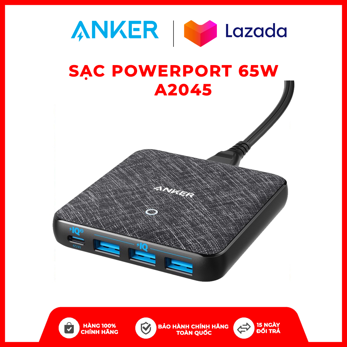 Adapter sạc 4 cổng anker powerport atom iii slim 65w piq 3.0 & gan tích hợp usb type-c hỗ trợ sạc nhanh - a2045 - hàng chính hãng