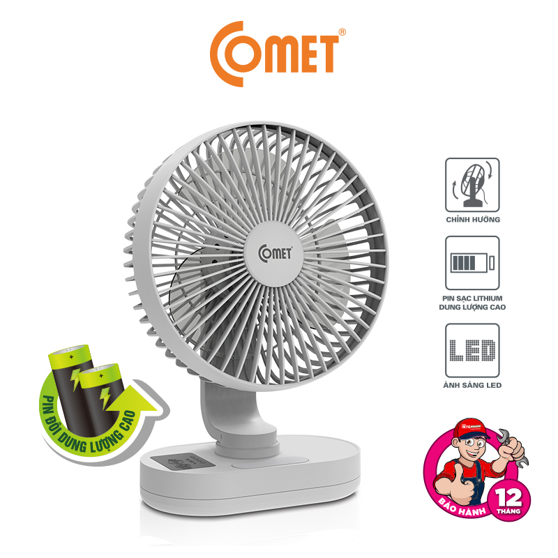 Quạt sạc đa năng Comet CRF1406 có đèn Led pin Lithium 2 viên x 1500 mAh