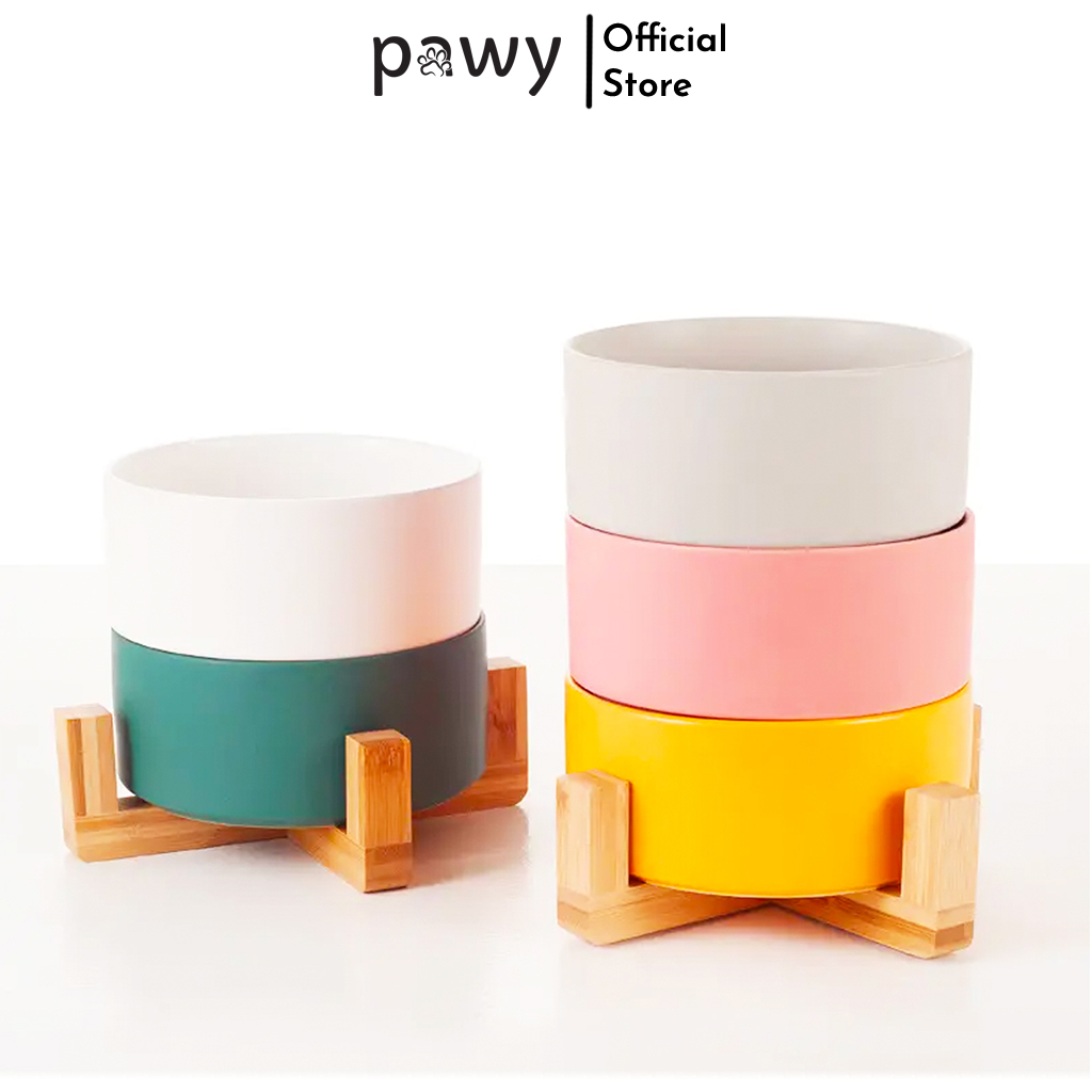 Pawy Dog & Cat Luxury Ceramic Feeder Bowl Wooden Stand - Many Colors