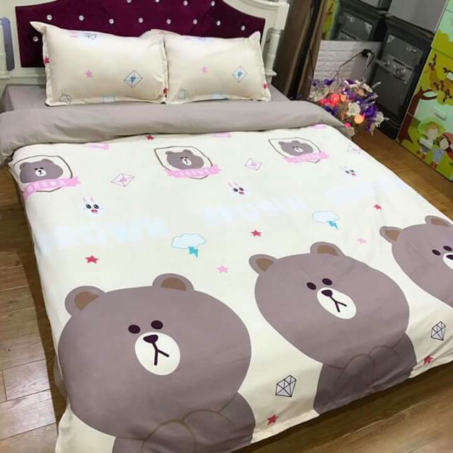 Bộ ga và 2 vỏ gối cotton poly mẫu gấu nâu cho bé yêu