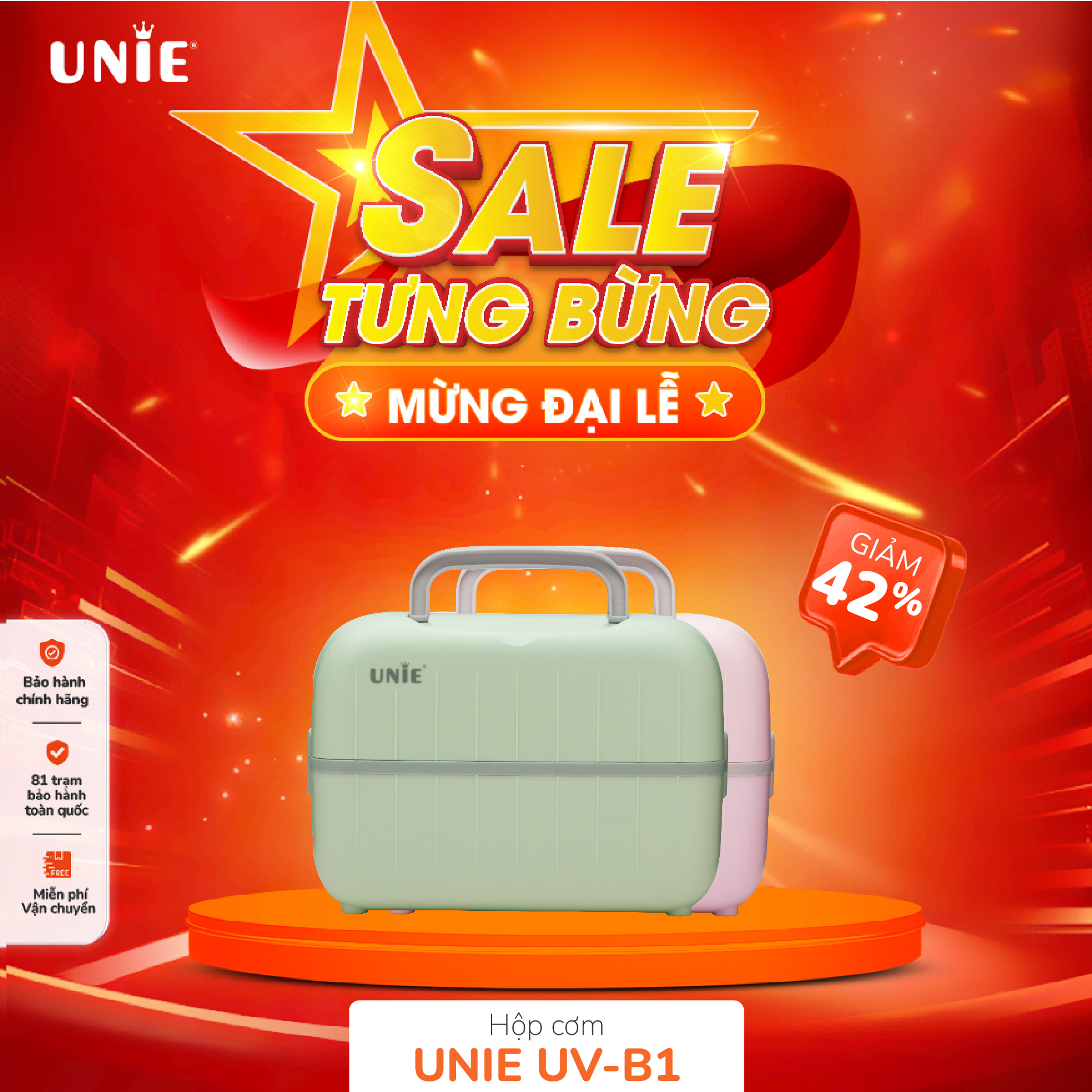 Hộp cơm cắm điện văn phòng Unie 2 tầng gồm 3 khay inox có nắp đậy - Tặng kèm bộ thìa đũa, hộp cơm văn phòng bảo hành 6 tháng