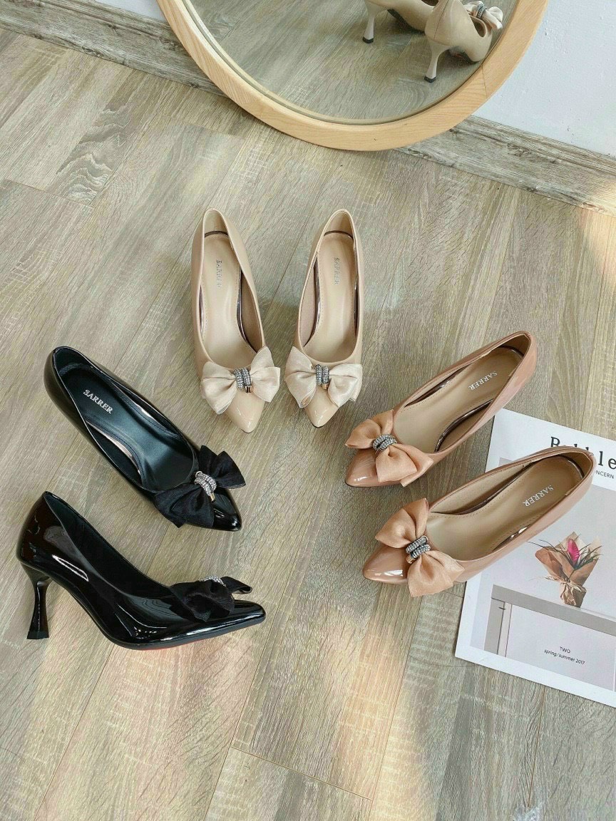 Giày cao gót da bóng nơ ren đính đá - 7P