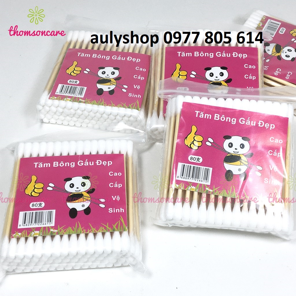 Vỉ 12 gói Tăm bông gấu đẹp, tăm bông thân gỗ, tăm bông cán gỗ gấu đẹp