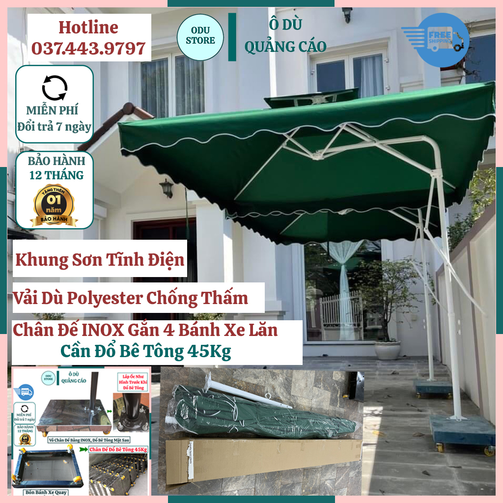 Ô Dù Lệch Tâm Mái Vuông 2m5x2m5 Che Nắng Mưa Ngoài Trời Nhập Khẩu Nguyên Chiếc Có In Logo Thương Hiệu (Đã Bao Gồm Vỏ Chân Đế) Bảo Hành 12 Tháng