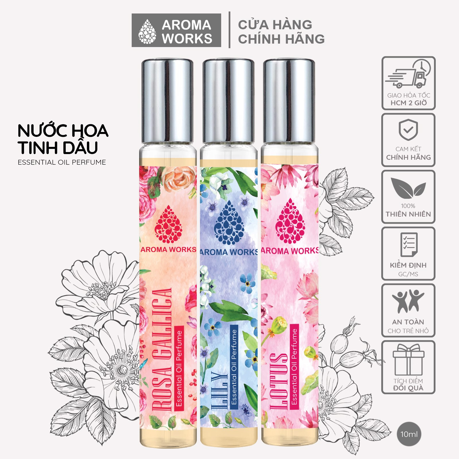 Tinh dầu nước hoa không cồn, lưu hương lâu Aroma Works Essential Oil Perfume 10ml