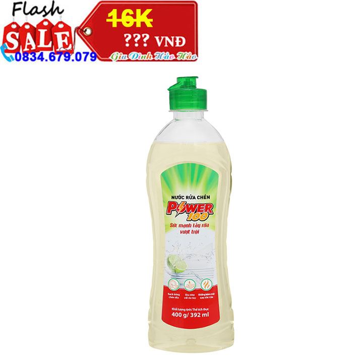 Nước rửa chén power100 hương chanh - chai 392ml/ 400g