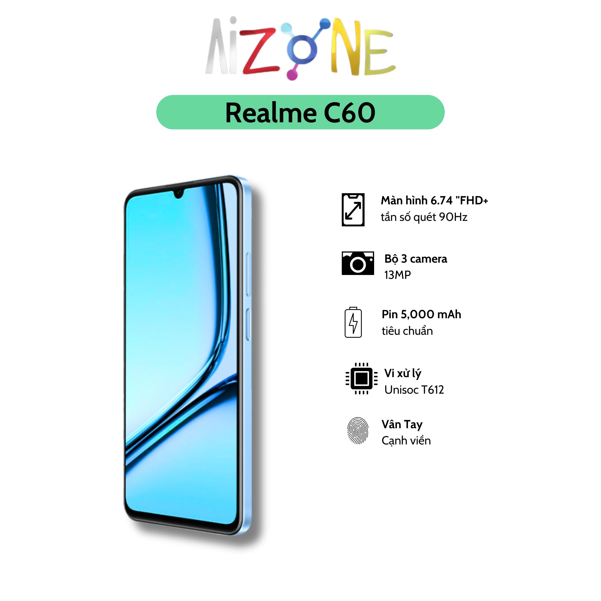 Điện thoại realme c60 4gb/64gb - thiết kế mỏng nhẹ, độ phân giải hd+, camera 13mp - hàng chính hãng - bảo hành 12 tháng