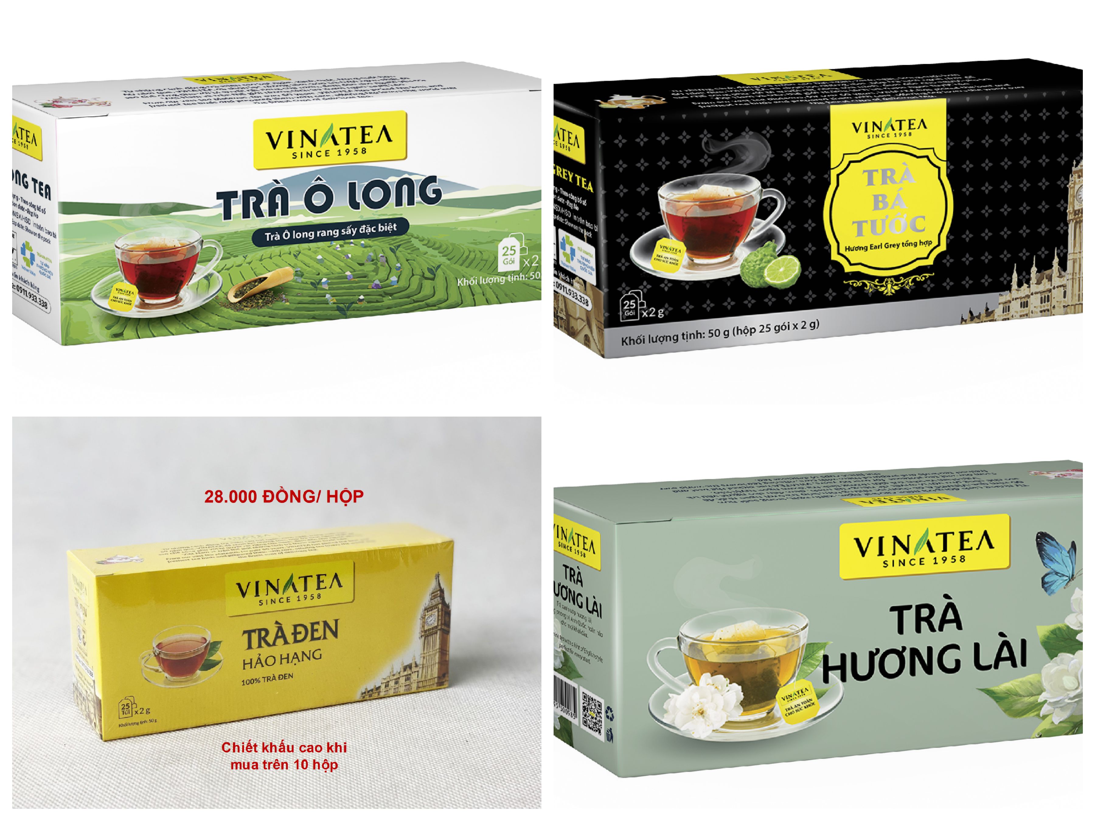 HCMCombo 04 hộp trà túi lọc đặc biệt cho pha chế VINATEA 2 g x 25 túi lọc