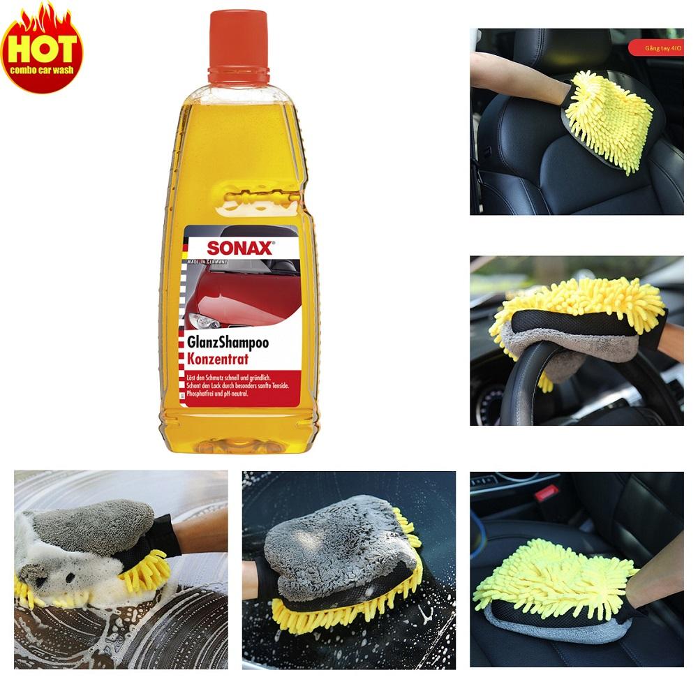 Combo nước rửa xe sonax gloss shampoo và găng tay 4io car wash gloves