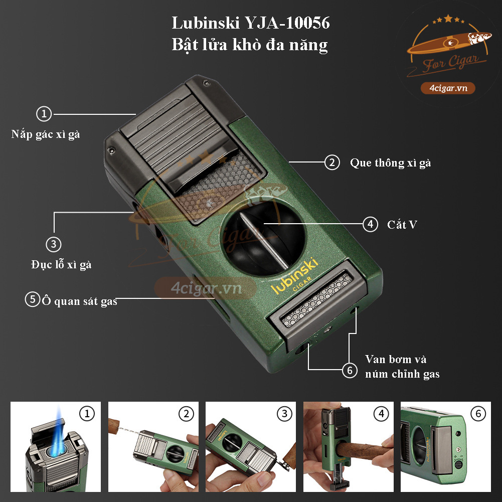 Bật lửa khò xì gà đa năng Lubinski YJA-10056. Gồm khò 2 tia chụm, cắt V đục, thông, gác