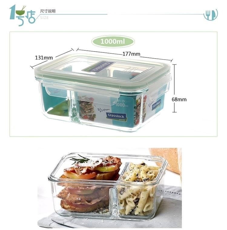 Bộ ăn trưa Glasslock : Hộp thủy tinh cường lực hình chữ nhật 990ml + Hộp thủy tinh cường lực chia ngăn 1000ml + túi giữ nhiệt, kín hơi, tiện dụng - Made in Korea