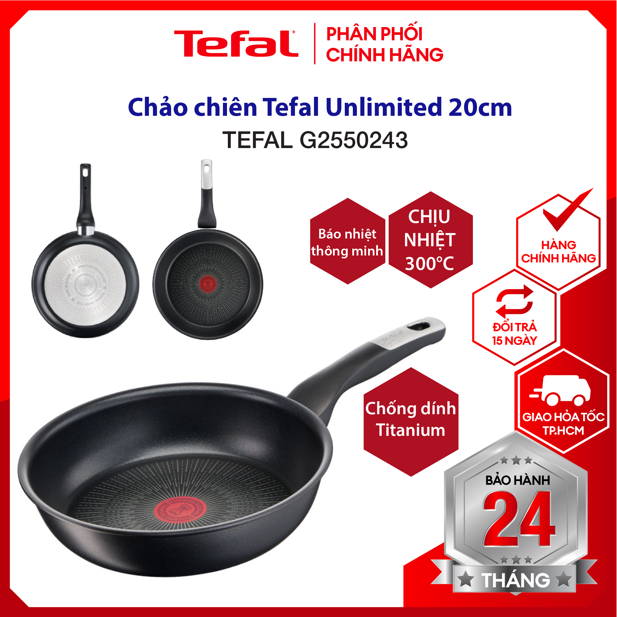 |HỎA TỐC 2H| Chảo chống dính Tefal Unlimited DCN040085 - Sử dụng được bếp từ và bếp hồng ngoại, thép không gỉ an toàn cho sức khỏe, nhiều size, sản xuất tại Pháp, báo nhiệt thông minh - Hàng chính hãng, bảo hành 2 năm