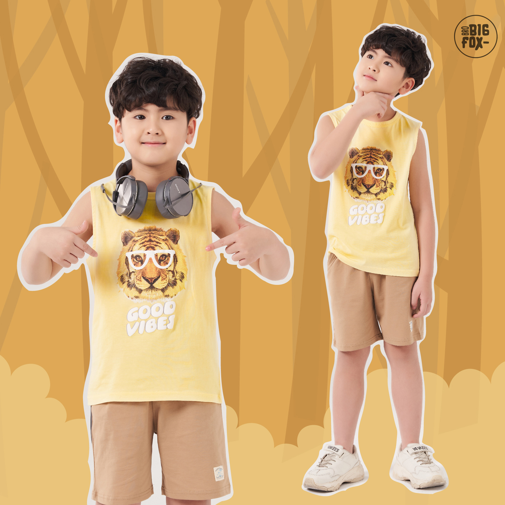 Đồ bộ bé trai size đại, bộ ba lỗ cho bé chất cotton phong cách Âu Mỹ hình in hổ Good vibes 11 – 40 kg QATE