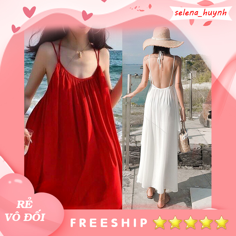 Đầm maxi 2 dây tầng quyến rũ đi biển màu trắng, đỏ, vàng SELENAB