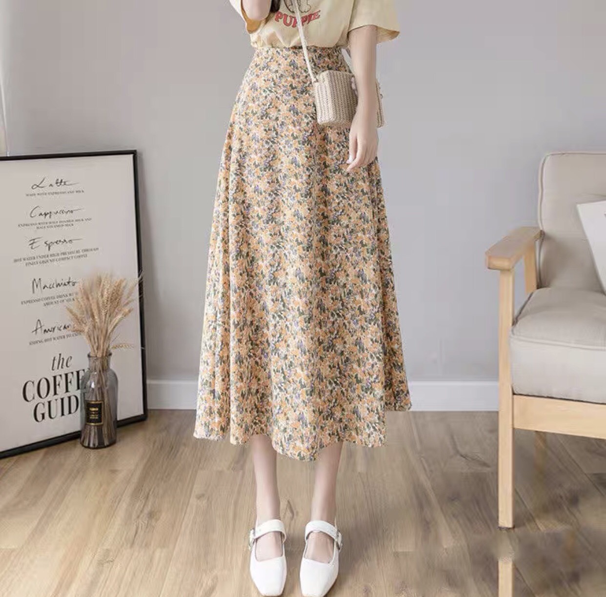 Chân váy midi họa tiết hoa nhí hè sang trọng - nhiều size, form dáng chuẩn thích hợp mặc đi làm, dạo phố hoặc tiệc nhẹ