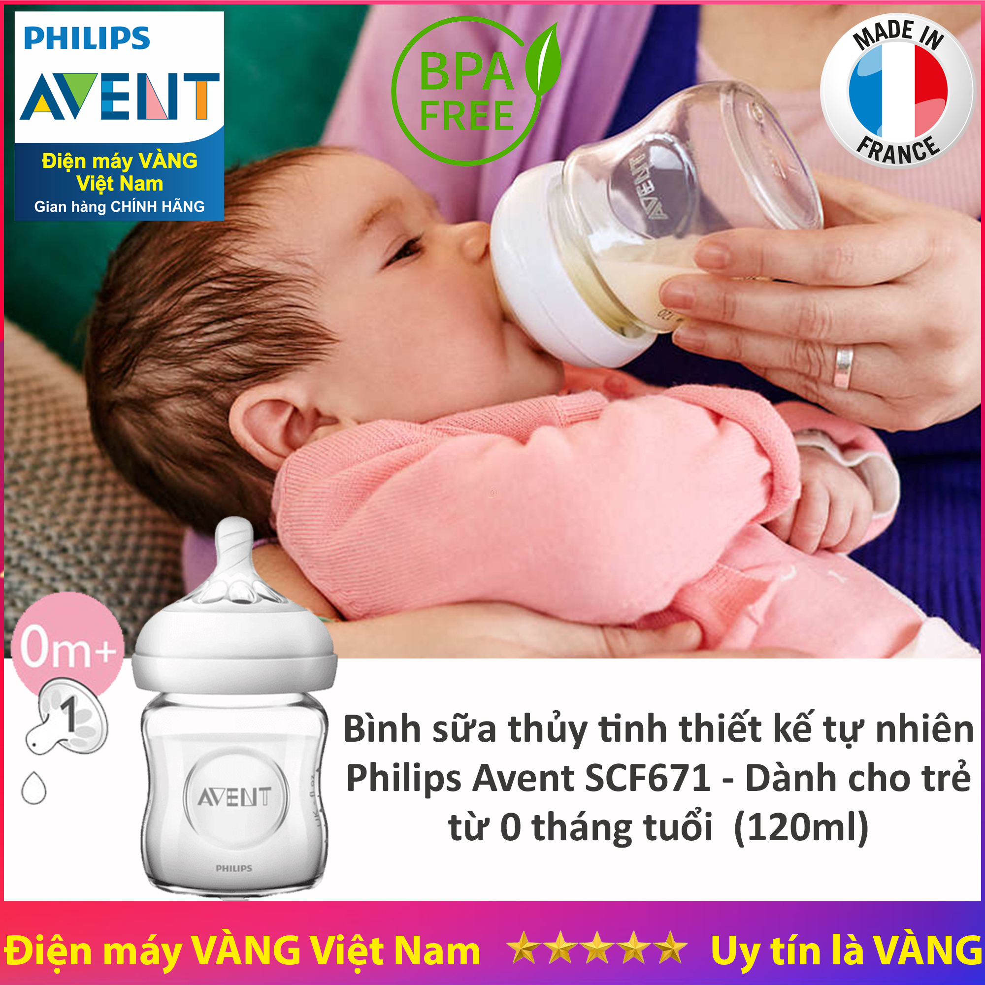 Bình sữa thủy tinh Philips Avent SCF671/13 120ml thiết kế tự nhiên dành cho trẻ sơ sinh