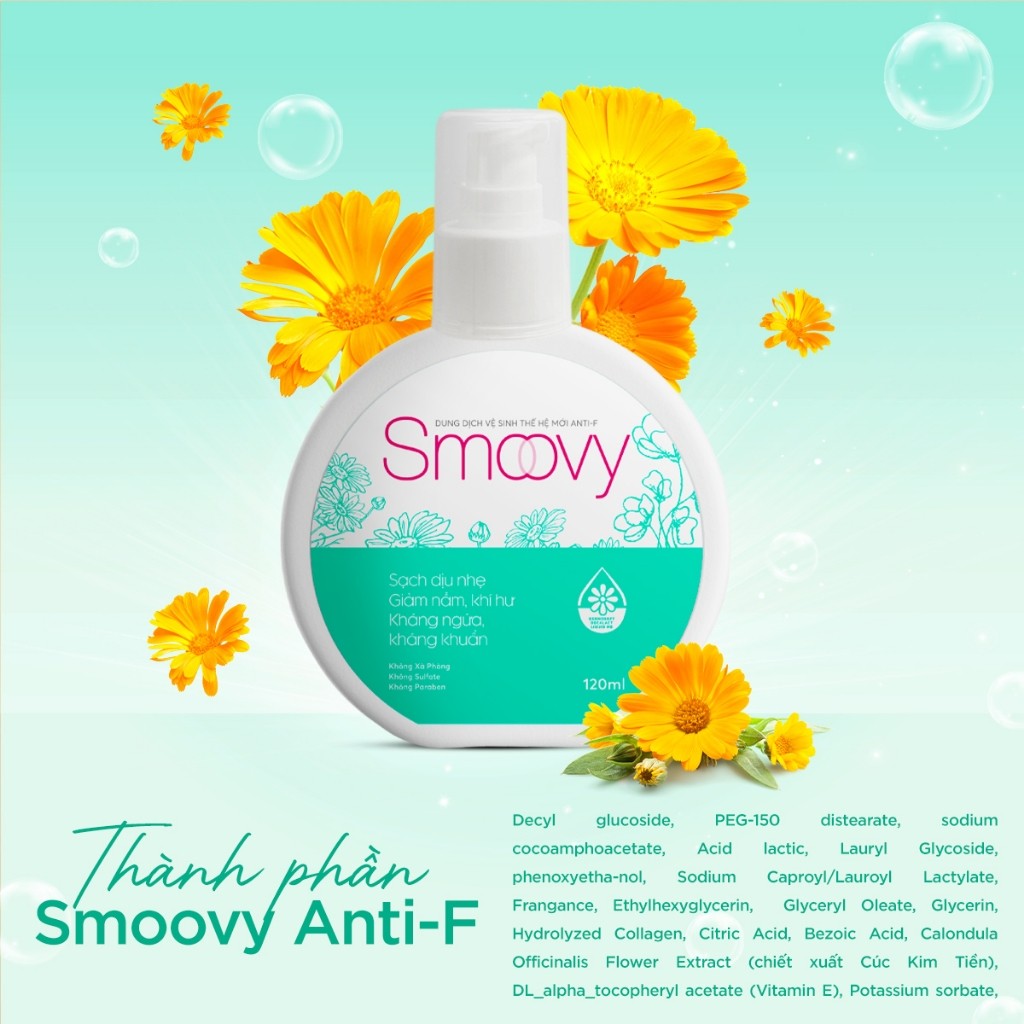 Dung dịch vệ sinh phụ nữ thế hệ mới Smoovy AntiF - Kháng khuẩn, giảm nấm ngứa, khí hư vượt trội - 120ML