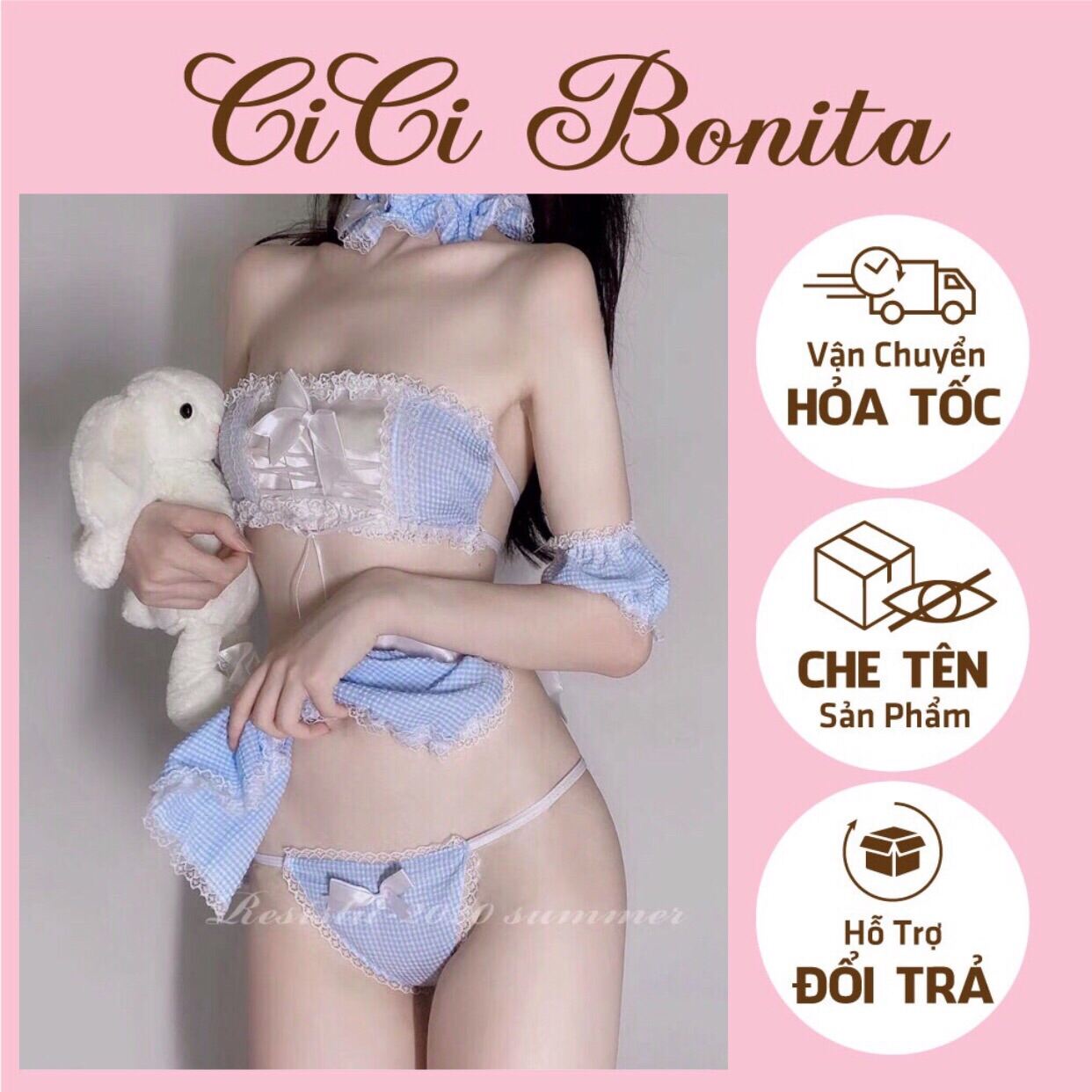Maid Set/ Cosplay hầu gái kẻ xanh caro kèm nhiều phụ kiện đi kèm siêu xinh CP35