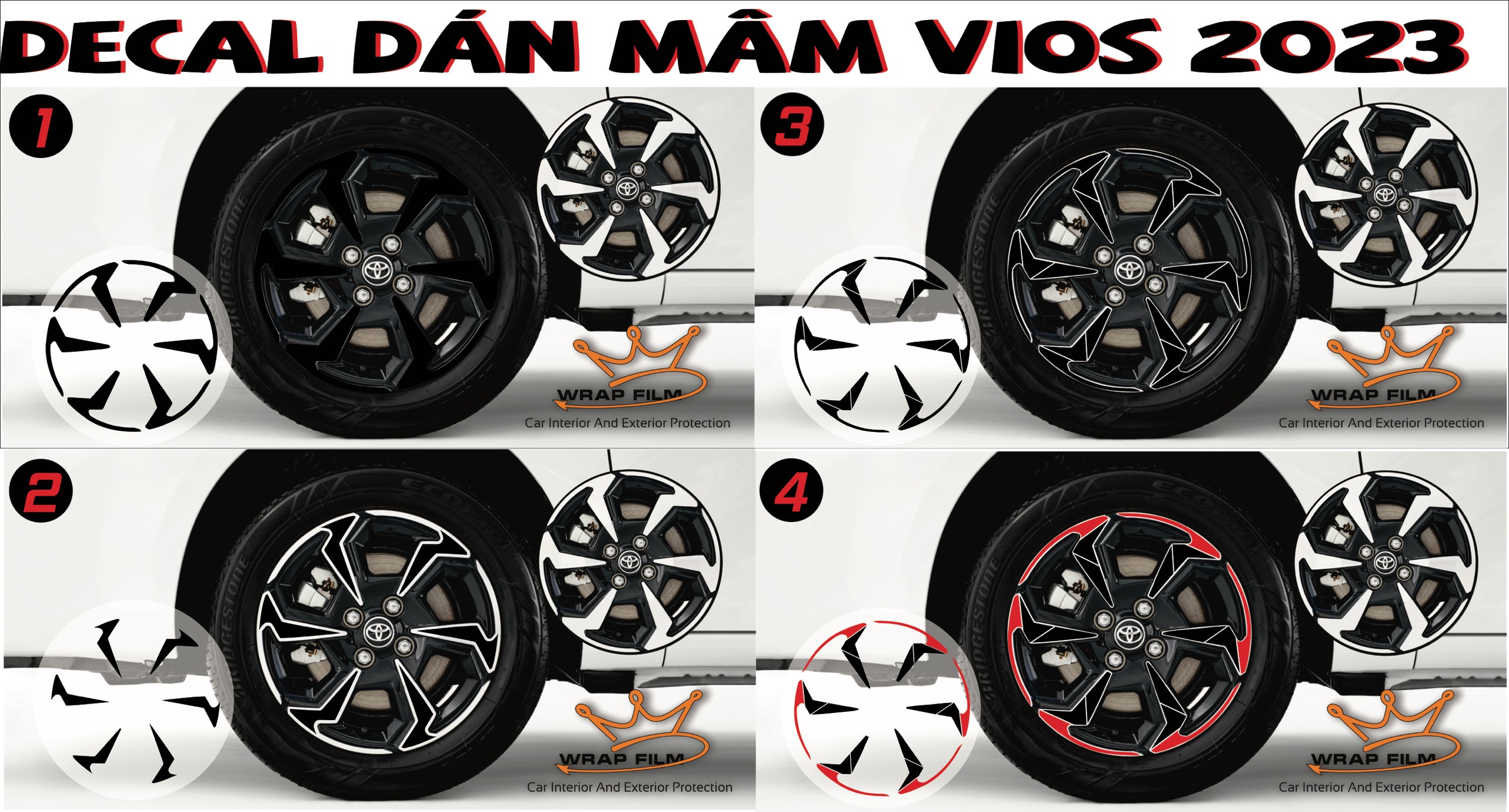Decal dán mâm Toyota vios 2023 - decal dán lazang vios - ( Giá bao gồm 5 bánh)