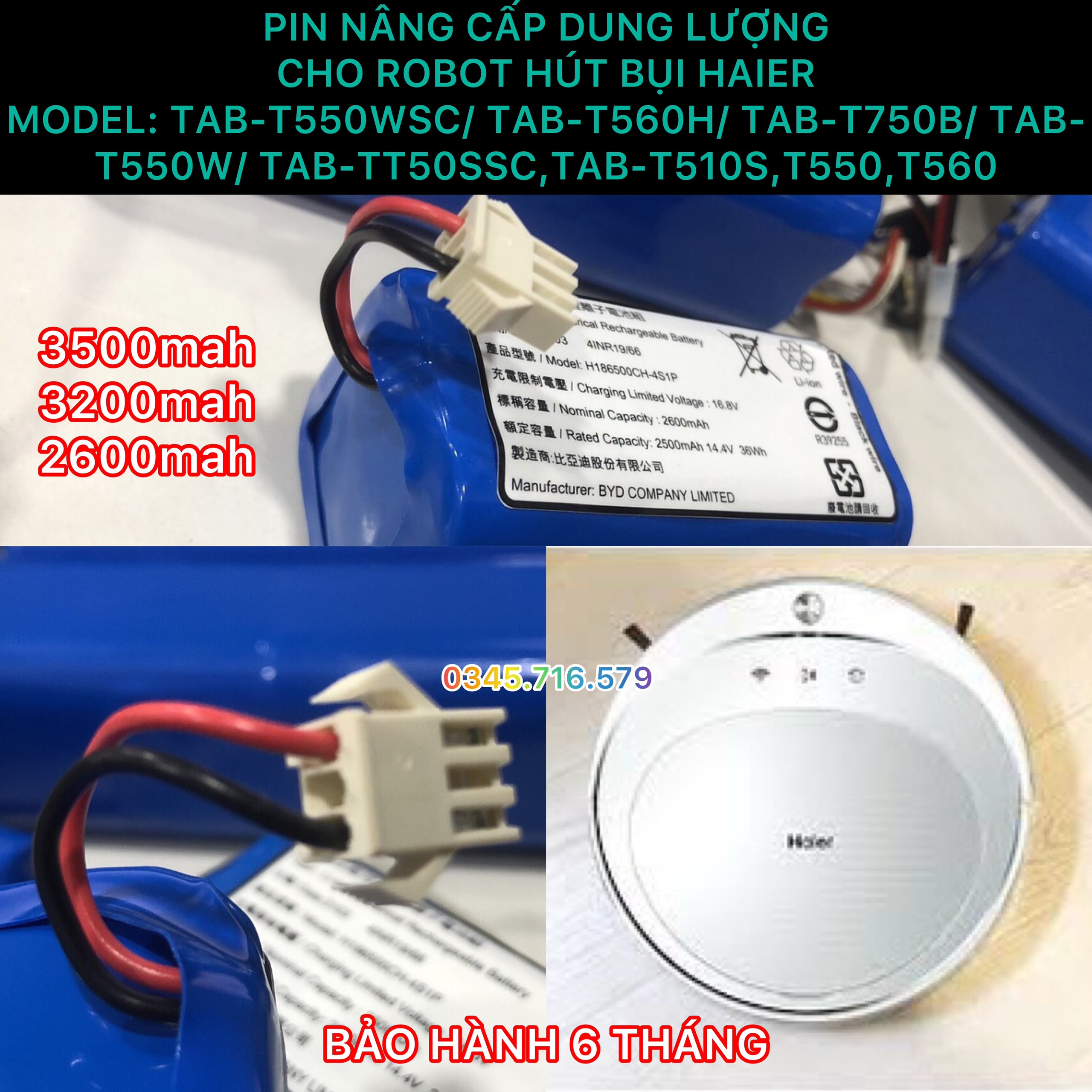 PIN ROBOT HÚT BỤI HAIER CÁC MODEL: HAIER TAB-T550WSC/ TAB-T560H/ TAB-T750B/ TAB-T550W/ TAB-TT50SSC,TAB-T510S,T550,T560 (LG 3500MAH BẢO HÀNH 9 THÁNG)